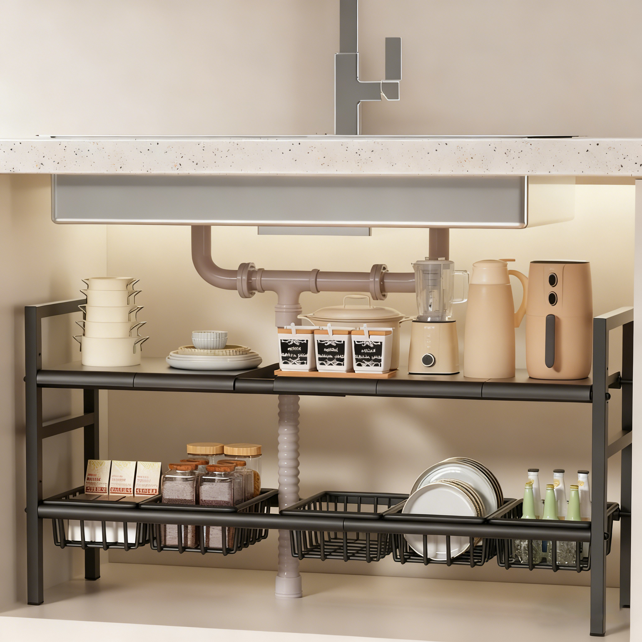 Commercial Kitchen Supplies - Under-Sink Kitchen Storage Rack/Shelf, Extendable, Single/Double